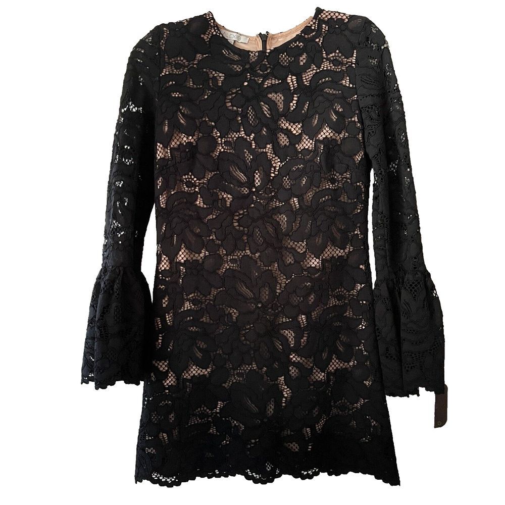 Alexis Sz‎ XS Black Nude Lace Mini Dress Bell Sleeve Floral Sheer Overlay Party